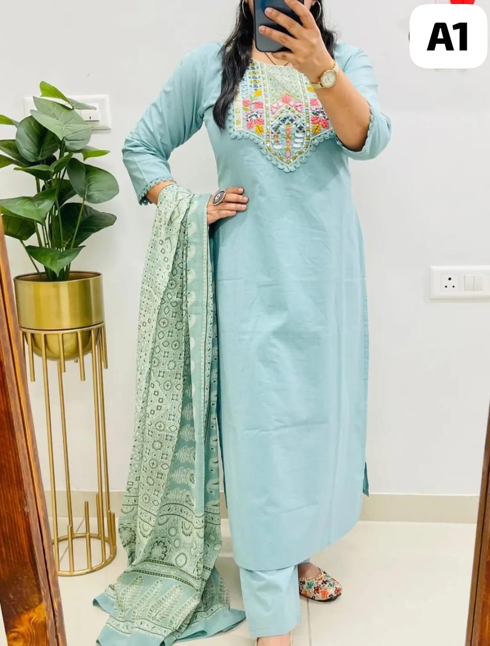 Embroidered Cotton Kurti Palazzo Dupatta Set